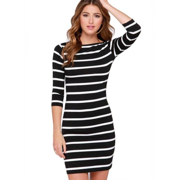 Heart Hips Dresses & Skirts - Black and White Stripped Long Sleeve Form Fitting Mini Dress